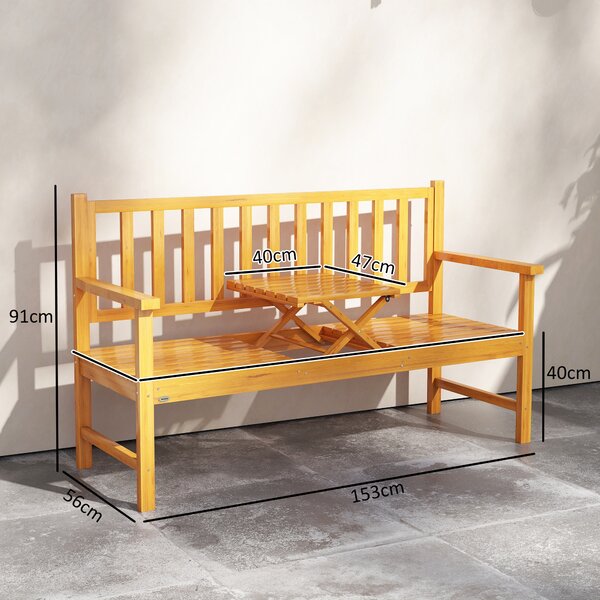 Outsunny Panchina da Giardino con Tavolino Centrale Sollevabile e Braccioli, in Legno, 153x56x91 cm, Marrone Chiaro | Aosom Italy
