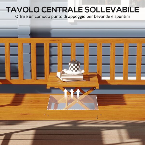 Outsunny Panchina da Giardino con Tavolino Centrale Sollevabile e Braccioli, in Legno, 153x56x91 cm, Marrone Chiaro | Aosom Italy