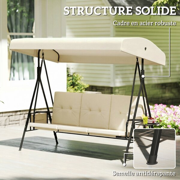 Outsunny Dondolo da giardino 3 posti grande comfort tettuccio inclinabile, 2 ripiani laterali, cuscini, acciaio poliestere | Aosom Italy