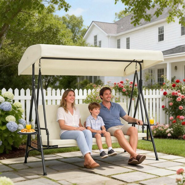 Outsunny Dondolo da giardino 3 posti grande comfort tettuccio inclinabile, 2 ripiani laterali, cuscini, acciaio poliestere | Aosom Italy