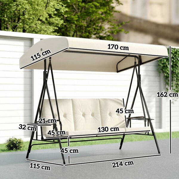 Outsunny Dondolo da giardino 3 posti grande comfort tettuccio inclinabile, 2 ripiani laterali, cuscini, acciaio poliestere | Aosom Italy