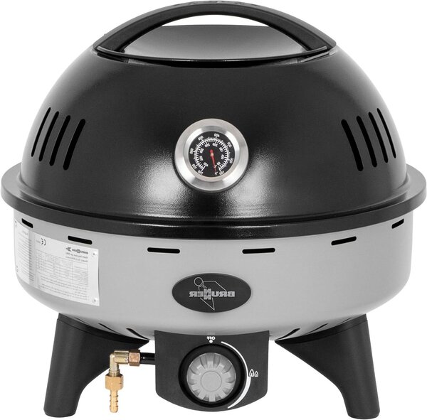 Barbecue a gas portatile - Griglia compatta - Per cucinare all'aperto - Con termometro - 47 x 43 cm - Grigio e nero