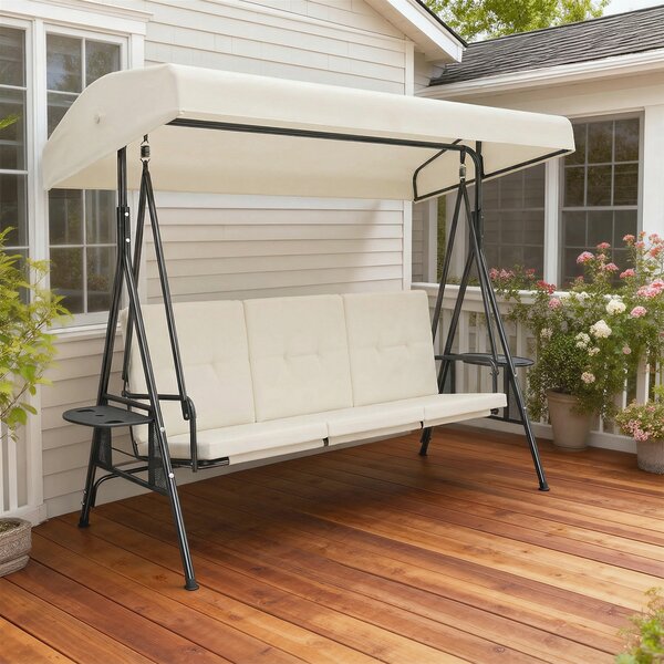 Outsunny Dondolo da giardino 3 posti grande comfort tettuccio inclinabile, 2 ripiani laterali, cuscini, acciaio poliestere | Aosom Italy