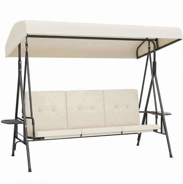 Outsunny Dondolo da giardino 3 posti grande comfort tettuccio inclinabile, 2 ripiani laterali, cuscini, acciaio poliestere | Aosom Italy