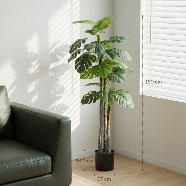 HOMCOM Albero Artificiale Pianta Artificiale Monstera H.1,5 m Tronco Rami Lichene Foglie a Forma di Tartaruga Grande realismo Vaso Incluso | Aosom Italy
