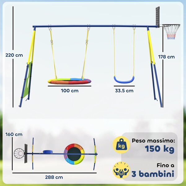AIYAPLAY Set Altalena da Giardino Giochi Esterno 4 in 1 288x160x220cm Multicolore | Aosom Italy