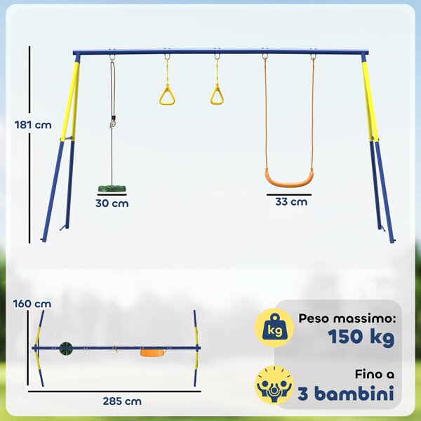AIYAPLAY Set Altalena da Giardino Giochi da Esterno 3 in 1, 285x160x181cm, Verde | Aosom Italy