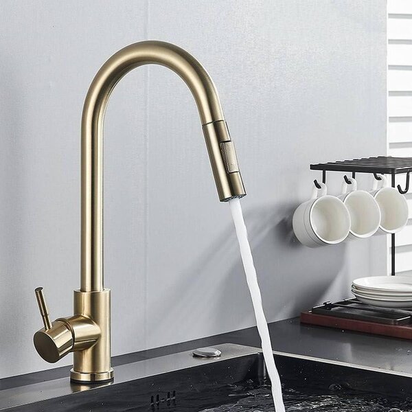 Rubinetto da cucina estraibile - Rubinetto per lavello - Miscelatore - Lavaggio rapido - Sensore a contatto - Rotazione a 360 gradi - Finitura oro spazzolato