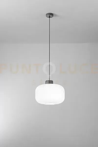Lucerna sospensione ceramica e metallo bianco satinato + grigio scu