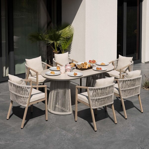 Set di mobili da giardino di volio ARNELI – beige, ampio set da giardino con tavolo e 6 sedie, mobili da terrazza per esterni, robusti e comodi