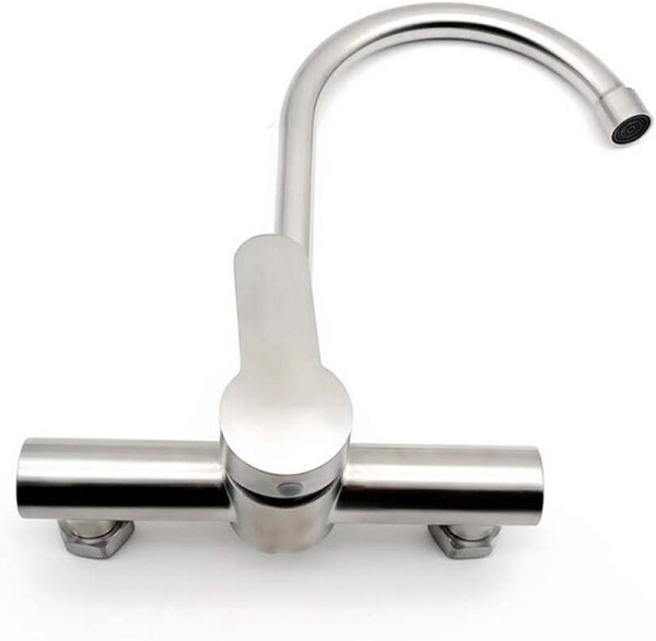 Rubinetto da cucina - Miscelatore a parete, doppio manubrio - Acqua calda e fredda - Acciaio inossidabile 304 - Attacco da 30 mm - Colore argento