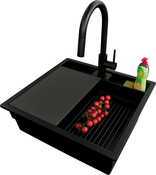 PRIMAGRAN Lavello da incasso in granito, modello "Alles Schwarz" 56x54 cm, lavello a vasca singola + set di scarico + set di accessori da cucina, lavello in granito per mobili base da 60 cm - Bergen Pocket