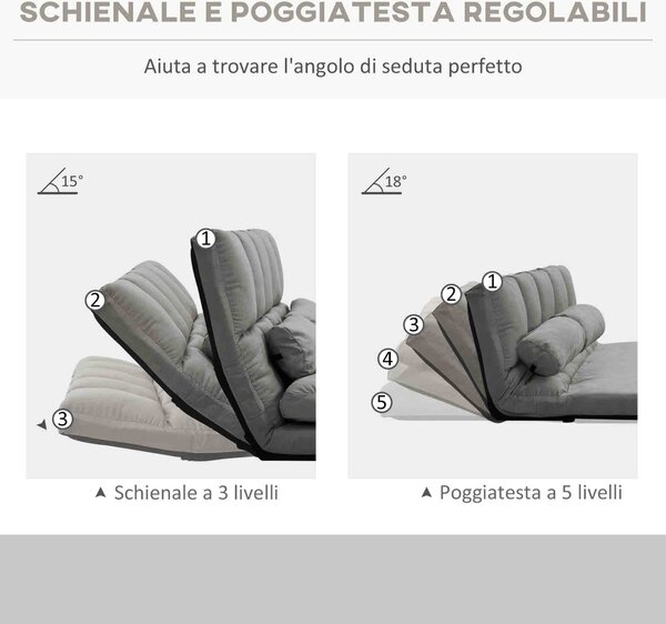 HOMCOM Divano da Terra 2 in 1 con Schienale Reclinabile su 7 Livelli e Cuscini, 130x73x60 cm, Grigio Carbone | Aosom Italy