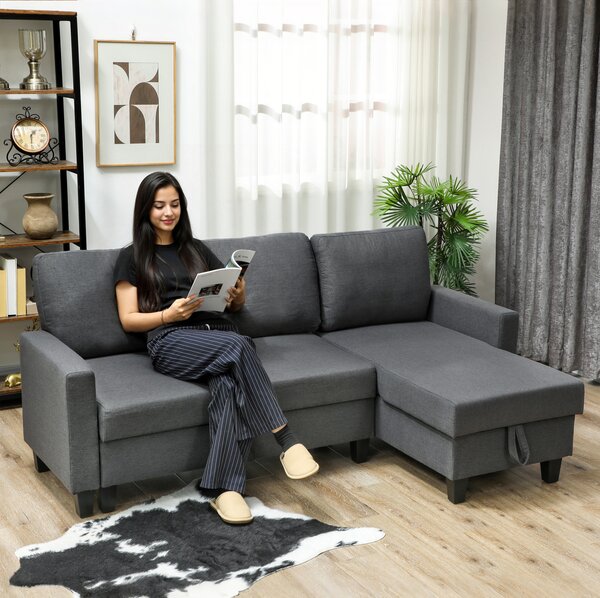 HOMCOM Divano Letto 3 Posti con Chaise e Spazio Contenitore, in Tessuto Effetto Lino, 197x129x85 cm, Grigio Carbone | Aosom Italy