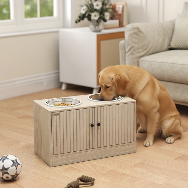 PawHut Portaciotole per Cani con 2 Ciotole da 2L in Acciaio Inox e Armadietto Inferiore, in Legno, 60x30x35.5 cm, Rovere | Aosom Italy