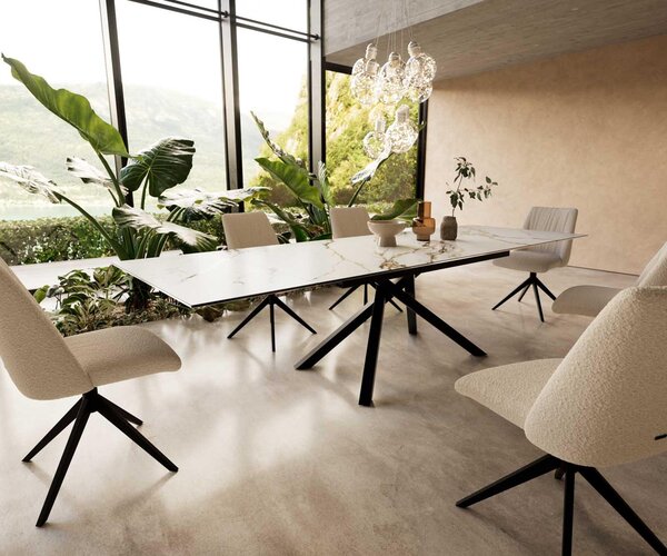 DELIFE Tavolo da pranzo Edge 200-300x100, piano in Vetroceramica Calacatta Luxe bianco-oro-grigio, base a croce rettangolare nera, allungabile