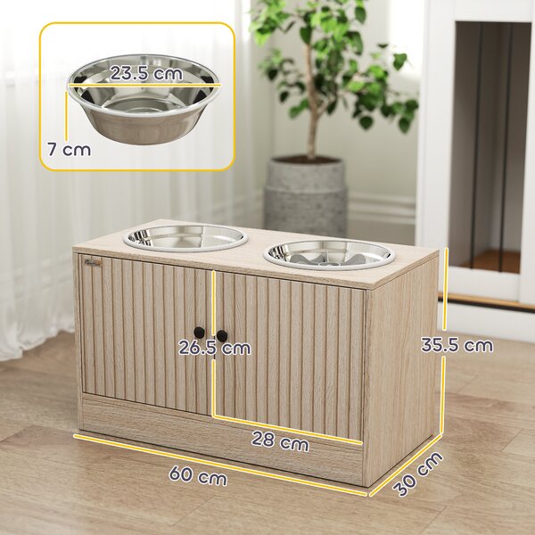 PawHut Portaciotole per Cani con 2 Ciotole da 2L in Acciaio Inox e Armadietto Inferiore, in Legno, 60x30x35.5 cm, Rovere | Aosom Italy