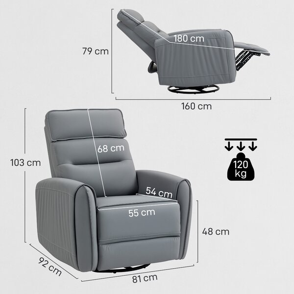 HOMCOM Poltrona Relax Reclinabile Manualmente con Poggiapiedi in Tessuto Effetto Pelle e Base Girevole, Grigio | Aosom Italy