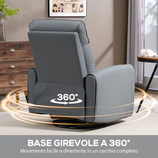 HOMCOM Poltrona Relax Reclinabile Manualmente con Poggiapiedi in Tessuto Effetto Pelle e Base Girevole, Grigio | Aosom Italy