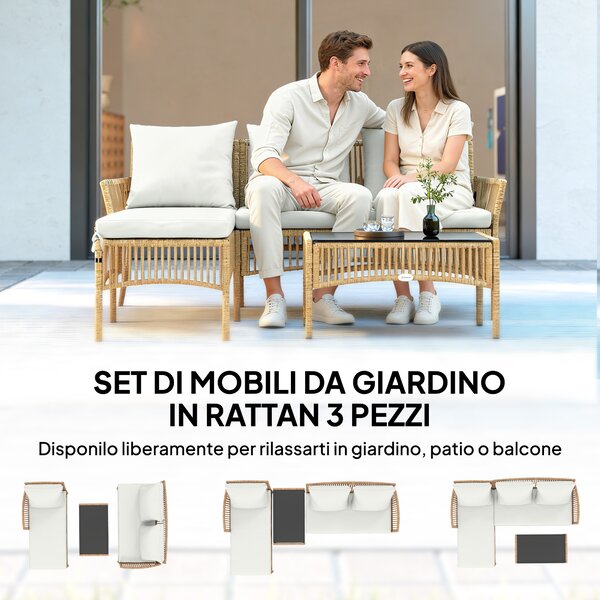 Outsunny Set di Mobili da Giardino Salotto da Giardino 3 Pezzi Crema Naturale | Aosom Italy