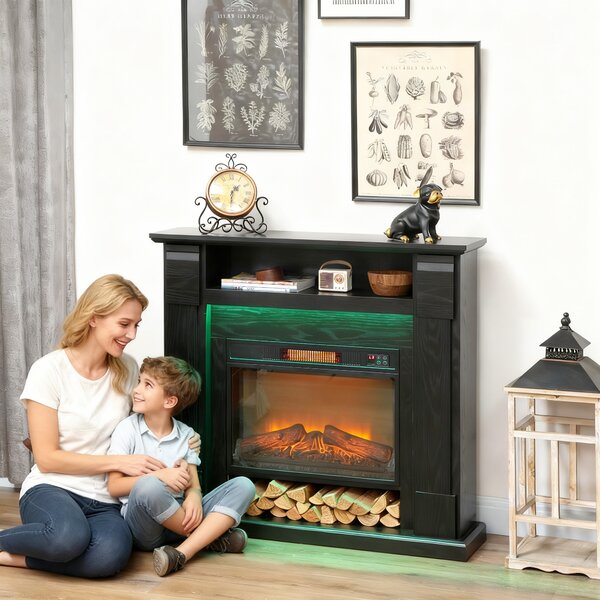 Camino Elettrico da Pavimento 105x27x97 cm 1800W Regolabile con Fiamma 3D Timer e Telecomando Nero