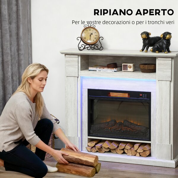 HOMCOM Camino Elettrico 1800W con Effetto Fiamma Regolabile e Telecomando, Ripiano e Timer, 105x27x97 cm, color Legno | Aosom Italy