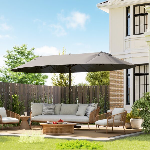 Outsunny Ombrellone Doppio a 12 Stecche con Base a Croce e Manovella, in Acciaio e Poliestere, 455x265x238 cm, Grigio | Aosom Italy