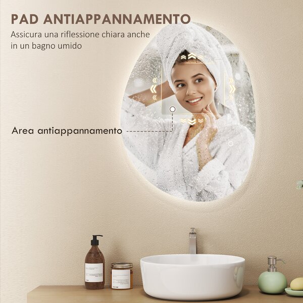 HOMCOM Specchio da Bagno Illuminato a LED con Colore e Temperatura Regolabile, in Vetro Temperato, 70x5x50 cm, Argento | Aosom Italy