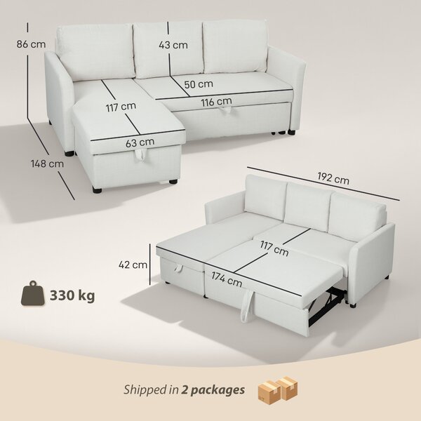 HOMCOM Divano Letto a 3 posti Angolare con Vano Portaoggetti a Scomparsa, in Effetto Lino, 192x148x86 cm, Bianco Crema | Aosom Italy