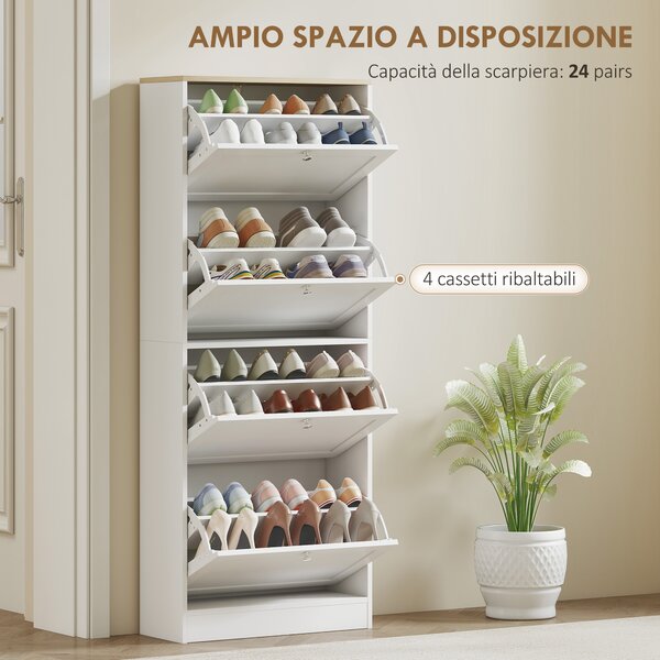 HOMCOM Scarpiera Salvaspazio a 4 Cassetti con Ripiani Regolabili su 2 Livelli, 60x23.5x151 cm, Bianco | Aosom Italy