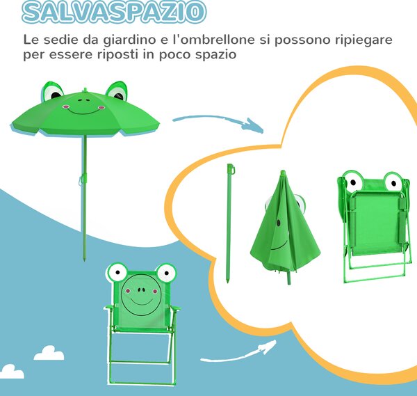 Outsunny Set Tavolo da Giardino con 2 Sedie Pieghevoli e Ombrellone per Bambini in Metallo e Poliestere, Verde|Aosom