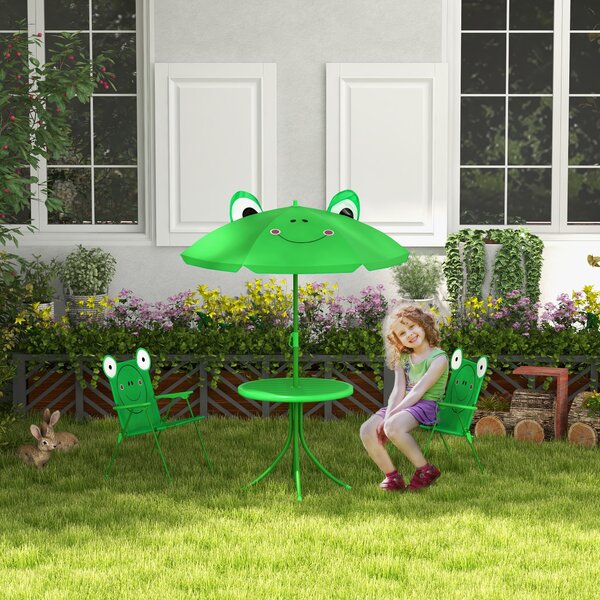Outsunny Set Tavolo da Giardino con 2 Sedie Pieghevoli e Ombrellone per Bambini in Metallo e Poliestere, Verde|Aosom