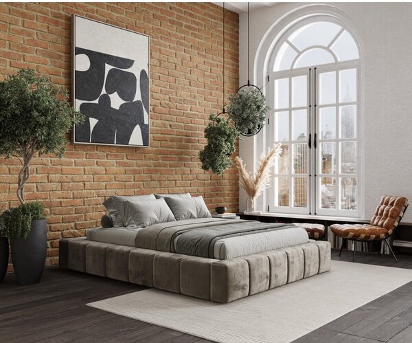 Letto matrimoniale imbottito beige con spazio contenitivo e rete 160x200 cm Aruba L - Maison de Rêve