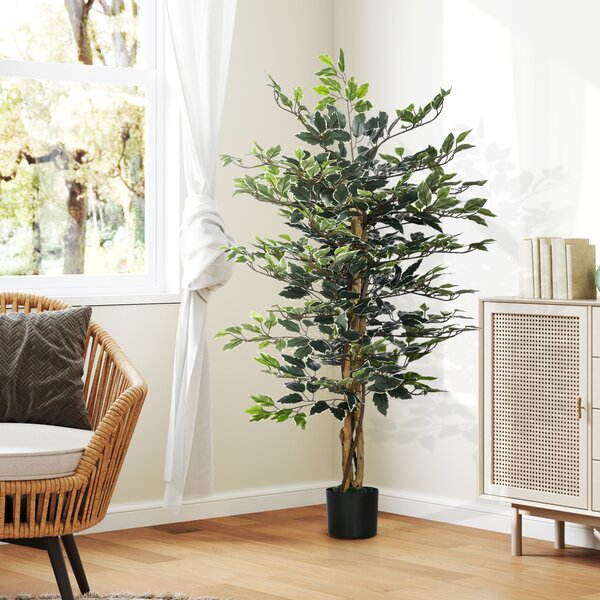 HOMCOM Pianta Artificiale di Fico da 130 cm a 702 Foglie e 3 Tronchi con Vaso Ø15x12.5 cm, per Interni ed Esterni, Verde e Bianco|Aosom