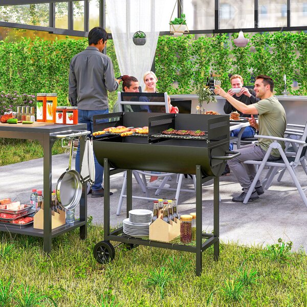 Outsunny Barbecue con 2 Griglie Indipendenti in Acciaio, 2 Ruote e Ripiano Inferiore, 90x45x96 cm, Nero | Aosom Italy
