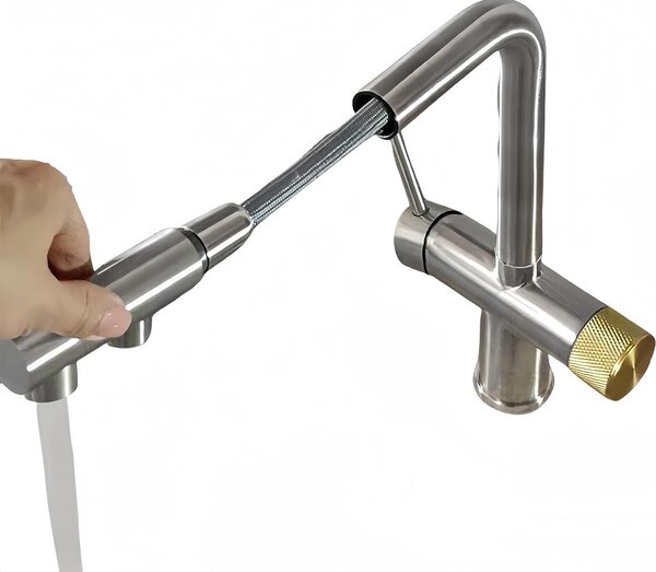 Rubinetto da cucina estraibile - Rubinetto per lavello monocomando - Per uso quotidiano - Costruzione in ottone massiccio - Altezza 40 cm - Finitura in nichel spazzolato