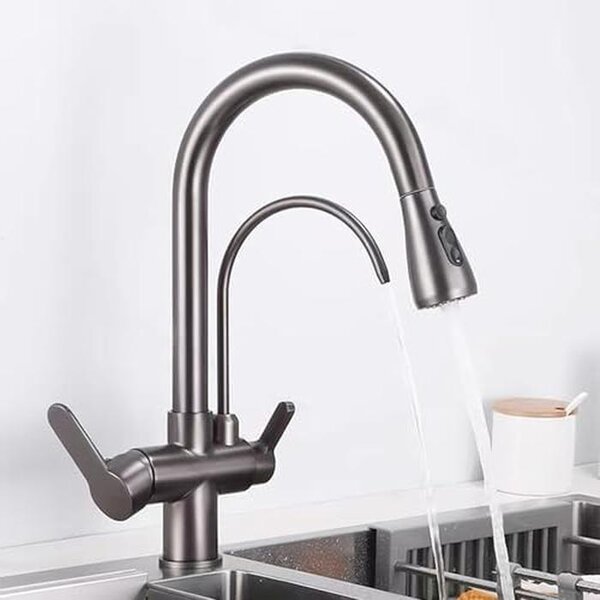 Miscelatore da cucina estraibile - Rubinetto da cucina a due maniglie - Ideale per un lavaggio rapido - Miscelatore a 3 vie con filtro - Lunghezza del tubo: 60 cm - Colore: grigio