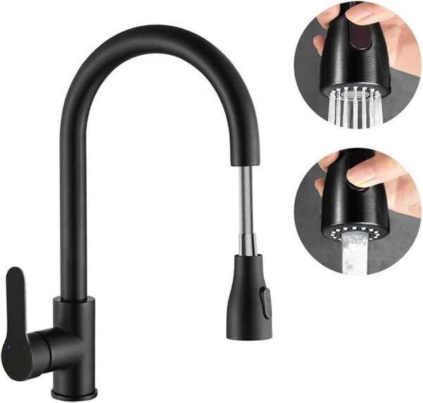 Rubinetto da cucina in acciaio inossidabile - Miscelatore per piano cottura - Ideale per la pulizia in cucina - Bocchetta estraibile - 41x24 cm - Finitura nera spazzolata