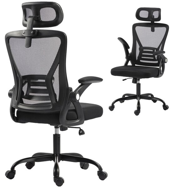 Sedia Ufficio Ergonomica con Braccioli Ribaltabili, Poggiatesta e Altezza Regolabili, in Rete Traspirante, Nero
