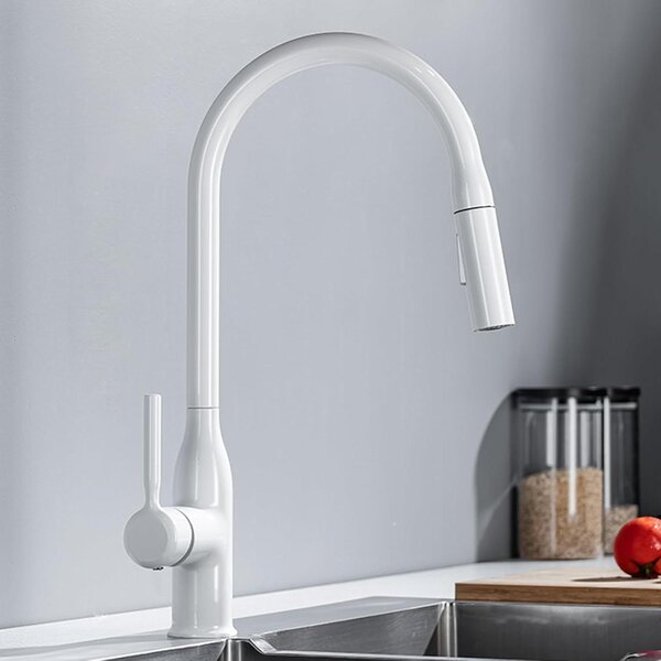 Rubinetto da cucina con doccetta - Rubinetto in pietra artificiale - Miscelatore - Facile da pulire e ideale per lavare i piatti - Doccetta estraibile - Portata massima di 50 cm - Colore: bianco