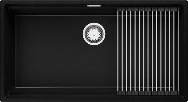 Lavello PRIMAGRAN nero 86x47 cm, lavello in granito a vasca singola + set di scarico + scolapiatti avvolgibile, lavello da cucina per mobili base da 90 cm - Praga Slim