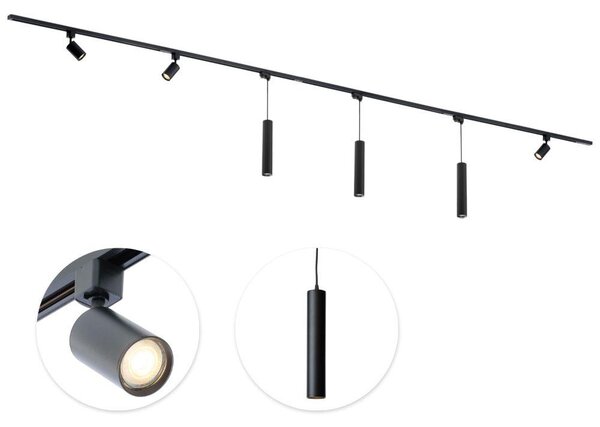 Qub Focus III - Sistema di binari LED - Nero - Monofase - 400 cm - 3 faretti e 3 lampade a sospensione - Forma a I - GU10
