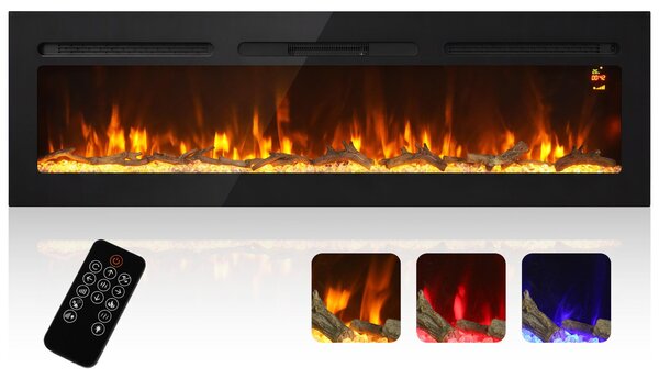 Camino Elettrico da 170 cm a Incasso o a Parete, 1500W, Timer 24 Ore, Fiamma Regolabile, Cristalli