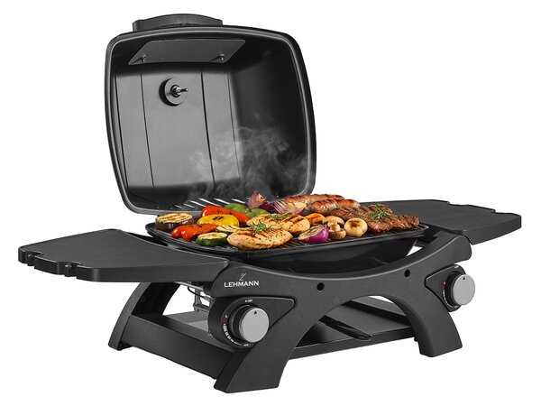 Barbecue a gas LEHMANN, barbecue da tavolo portatile a gas con 2 bruciatori, termometro, ripiani laterali ribaltabili, superficie di cottura di 1638 cm²