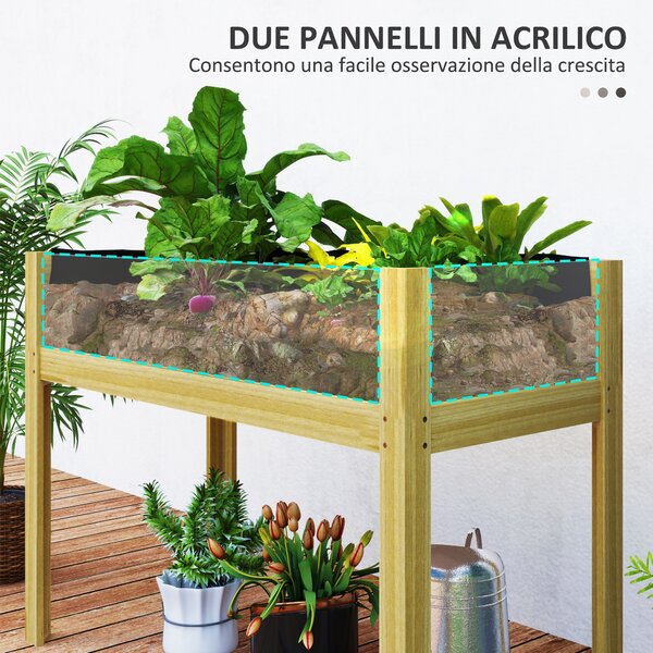 Outsunny Fioriera Rialzata da 118L con 2 Fori di Drenaggio e Pareti Trasparenti, in Legno di Abete, 110x50x80 cm