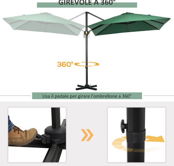 Outsunny Ombrellone da Giardino a Manovella 2.5x2.5 m con Rotazione 360° e Parasole Regolabile, Verde