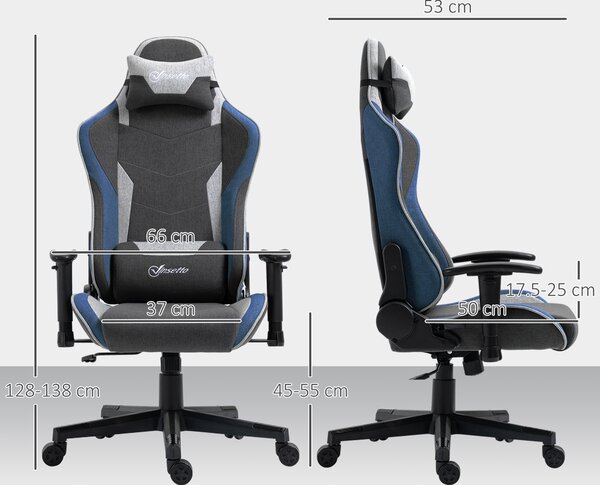 Vinsetto Sedia da Gaming Ergonomica con Funzione Dondolo Reclinabile a 150°, in Tessuto Effetto Lino, 66x53x128-138 cm, Grigio|Aosom Italy