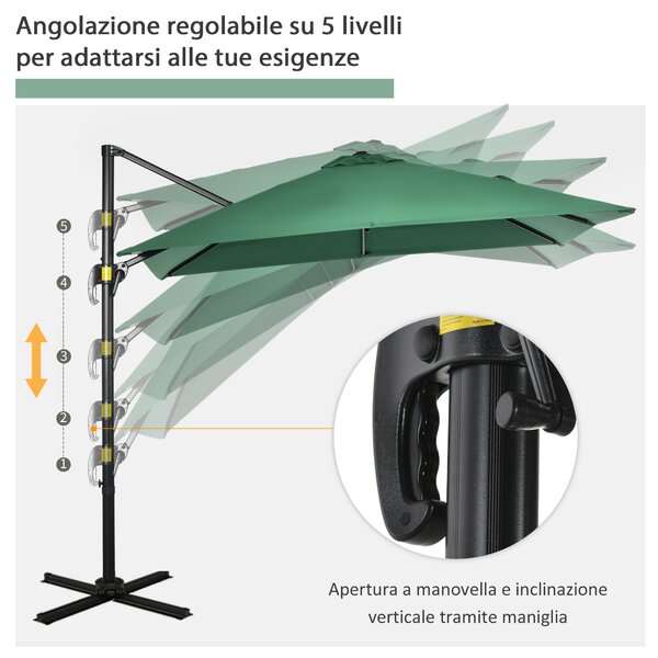 Outsunny Ombrellone da Giardino a Manovella 2.5x2.5 m con Rotazione 360° e Parasole Regolabile, Verde