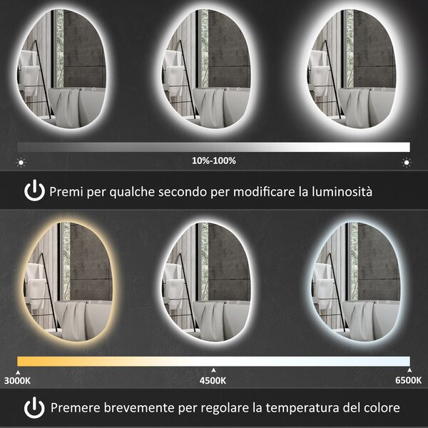 HOMCOM Specchio da Bagno Illuminato a LED con Colore e Temperatura Regolabile, in Vetro Temperato, 80x5x60 cm, Argento