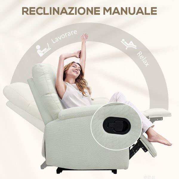 HOMCOM Poltrona Reclinabile Manualmente a 60° Extra Imbottita in Tessuto con Poggiapiedi, Crema